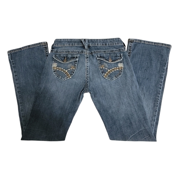 Y2k Boot Cut Med Wash Jeans Embroidered Flap Pocket Relaxed Denim Low Rise SZ 11 - Picture 2 of 12